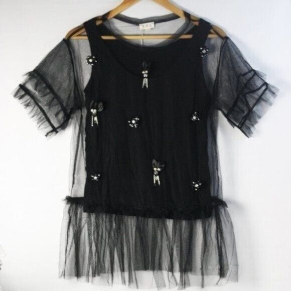 POL Sheer Mesh Two-fer Tulle Tunic Top Black Women's‎ Size S - Picture 7 of 9